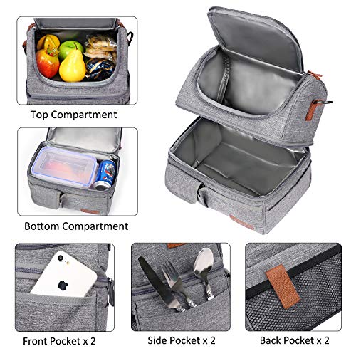 LOKASS Lunch Bag Double Deck Insulated Lunch Box Large Cooler Tote Bag with Removable Shoulder Strap Wide Open Thermal Meal Prep Lunch Organizer Box for Men/Women/Adults/Work/Outdoor, Gray - Thumbnail 3