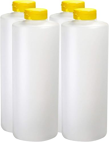 Pinnacle Mercantile Botellas dispensadoras de condimentos de plástico con tapa abatible amarilla con bisagras, tamaño grande, 32 onzas, juego de 4