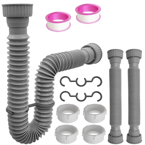 2 Pack Expandable Flexible 1 1/2\" or 1 1/4\" P-Trap Pipe Kit, Rubber Sleeve Sink Drain Pipe Fit for Kitchen Sink Drainage and Garbage Disposal, Silicone Nut Interface, With Adapter Seal Ring