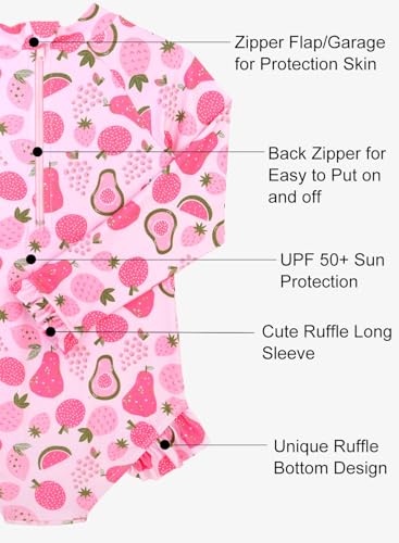 Image of Baby Toddler Girl Long Sleeve Ruffle Swimsuit One Piece Zipper Rash Guard Bathing Suit with UPF 50+ Sun Protection