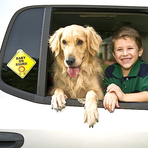 Bewudy Baby on Board Auto Warnschilder, 2pcs 4.7’’x4.7’’ Sicherheits Autoschild mit Saugnäpfen Abnehmbarer Kinder-Sicherheitswarnaufkleber für das Auto Gelb süß Baby on Board Aufkleber Auto (Typ A)