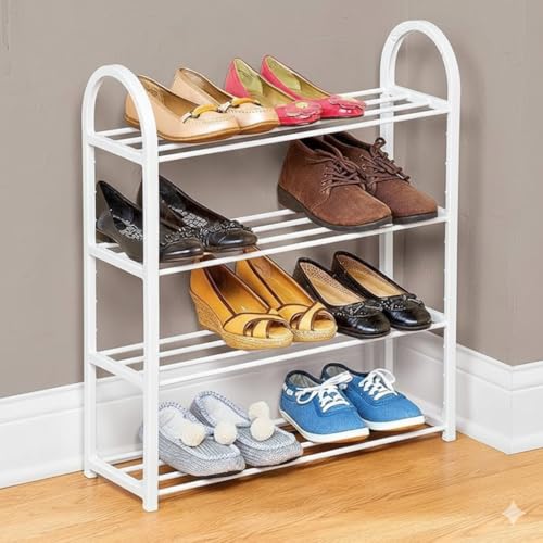 Image of Premium 4-Tier Metal Shoe Rack Organizer | Elegant Space-Saving Shoe Stand for Home & Entryway | Heavy-Duty Steel | Stores 8-12 Pairs (White, 4)