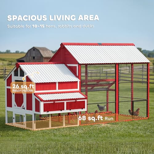 Image of PawHut 187.3 inch Large Chicken Coop, Walk-in Wooden Hen House, Outdoor Poultry Cage w /Shovel, Run, Waterproof Roof, Nesting Box, Perches, Chicken House for 10-15 Hens, Rabbits, Ducks, for Farm Backyard