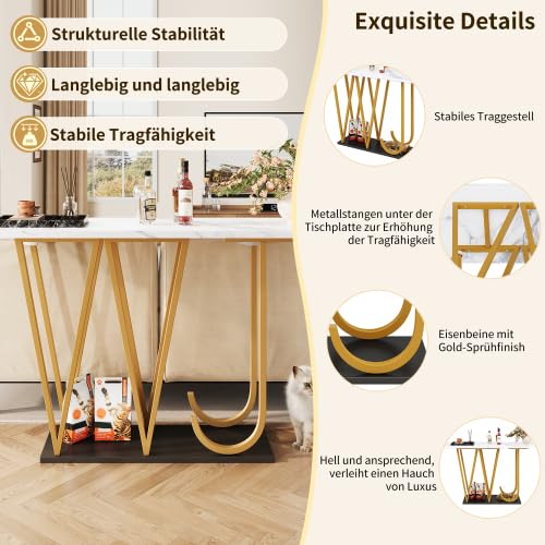 Table à manger étroite 120 x 29,5 cm avec aspect marbre, table de cuisine peu encombrante pour couloir, balcon, pieds en métal doré et plateau de fond noir, blanc/doré