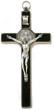 Holy Land Market Metal Crucifix - Inlaid Enamel & Silver Corpus - 8" - Made in Italy -Black Enamel Inlay Metal Crucifix - 8 in