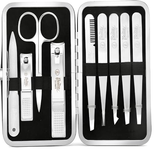 Image of Beaute Secrets 9-in-1 Tweezers & Nail Cutter Set for Men & Women | Plucker for Hair Removal | Eyebrow Tweezers, Nail File, Scissors & Travel Case - Manicure Pedicure Grooming Set