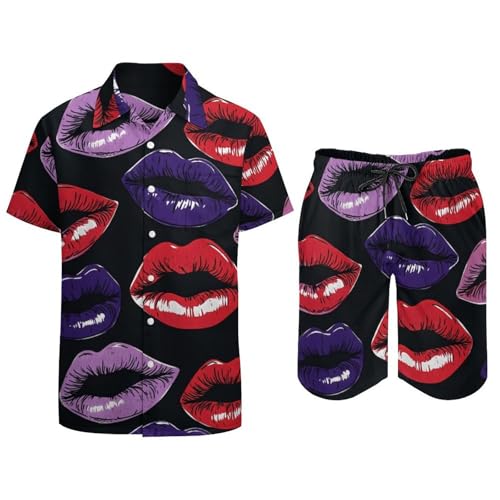 Camisa y pantalones cortos de hombre transpirables con estampado de labios llamativo 5
