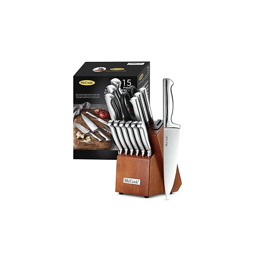 MC29 15 Pieces German Stainless Steel Knife Block Sets with Built-in Sharpener + McCook MC59 Full Tang Serrated Stainless Steel Steak Knives Set