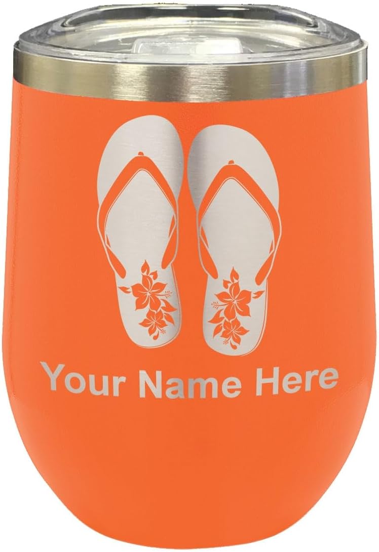 LaserGram 16oz Double Wall Stainless Steel Wine Glass Tumbler, Hawaiian Beach Sandals, Personalized Engraving Included (Red)
