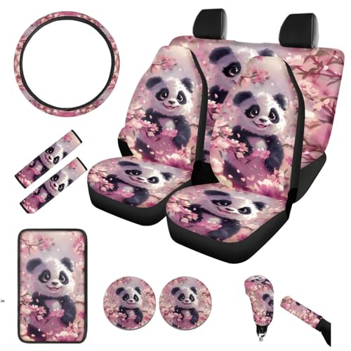 BIGCARJOB 12 Pack Cute Panda Print Car Seat Cover Set for Front and Rear Pink Auto Interior Accessories Full Set Lovely Panda Print Seat Belt Cover,Armrest Pads,Cup Holder Coaster