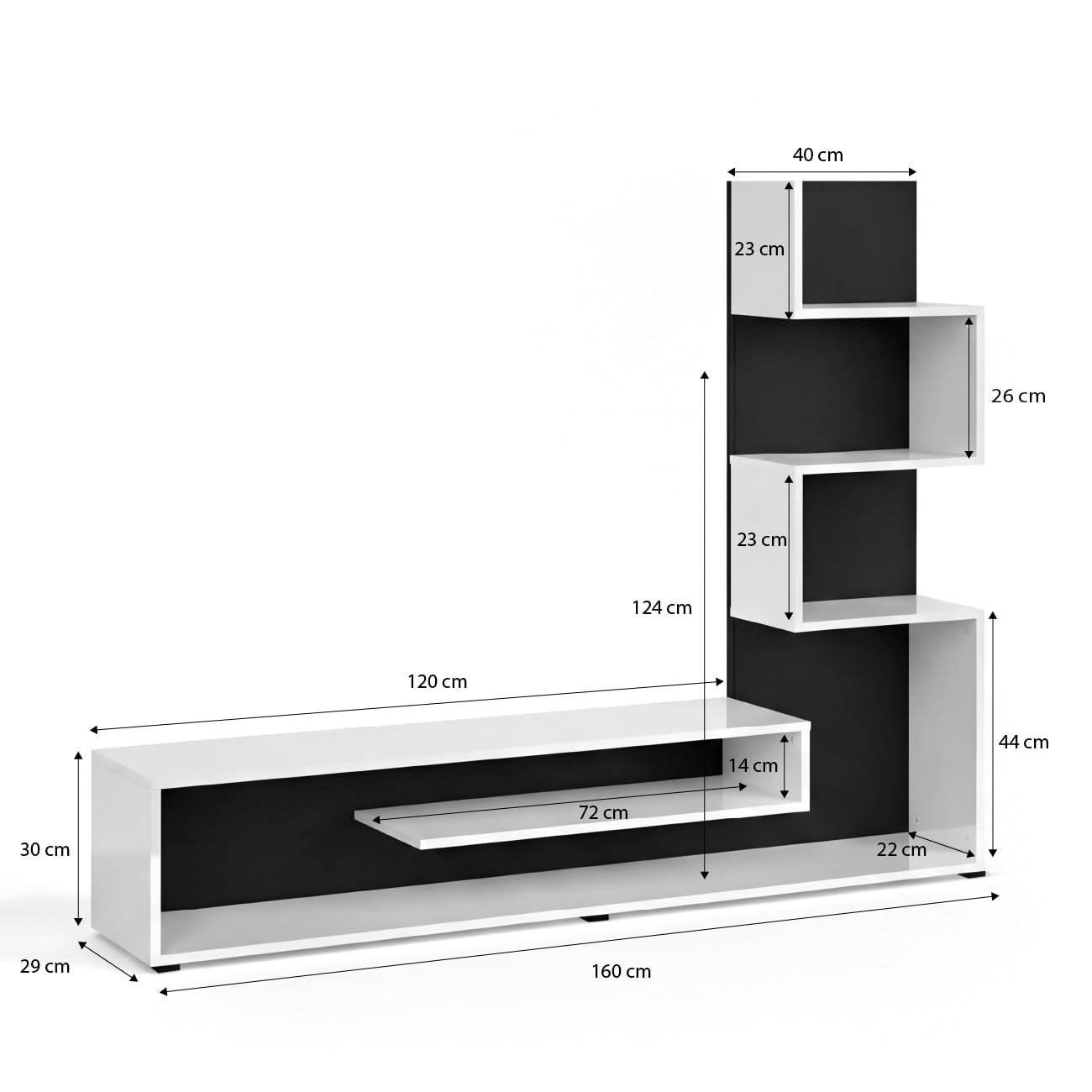 duehome | Mueble de Salón, Composición Modular de TV, Modelo Moobi 160, Acabado en Blanco y Negro, Medidas: 160 cm (Largo) x 29 cm (Fondo) x 124 cm (Alto)