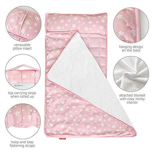 image for Moonsea Toddler Nap Mat Pink, Removable Pillow and Fleece Minky Blanke