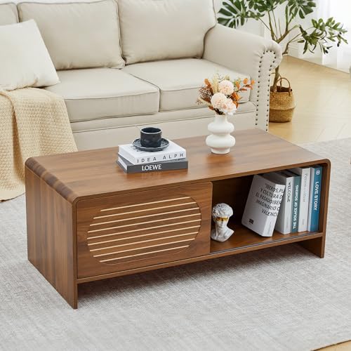 Image of 43.3 inch Mid Century Modern Coffee Table with Storage, Curved Profile Wood Coffee Table with Sliding Arched Door, Farmhouse Center Table Rectangle Coffee Table for Living Room, Office, Walnut