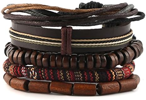 HZMAN Mix 5 Wrap Bracelets Men Women, Hemp Cords Wood Beads Ethnic Tribal Bracelets, Leather Wristbands