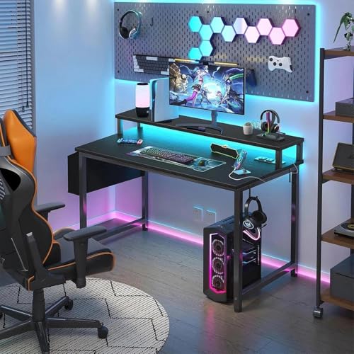 Image of Lufeiya Small Desk with Power Outlets and LED Lights, 32 Inch Teen Writing Study Table Home Office Computer Desks with Monitor Stand, Gaming Desk with Charging Station, Black