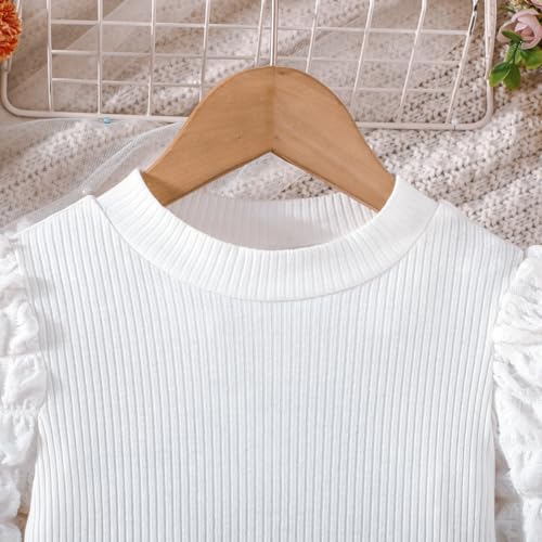 Image of Noubeau Toddler Girls Plaid Outfits Girls Puff Sleeve Knit Ribbed Shirt Tops Plaid Skirt Set Kids Fall Winter Clothes