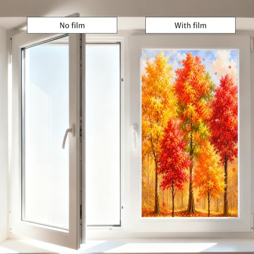 Image of Nuxovilar Fall Window Cling 17.7 x 39.4 in, White Frosted Maple Forest | White frosted PVC helps obscure views for privacy, with red, orange and golden maple trees in a colorful autumn woodland