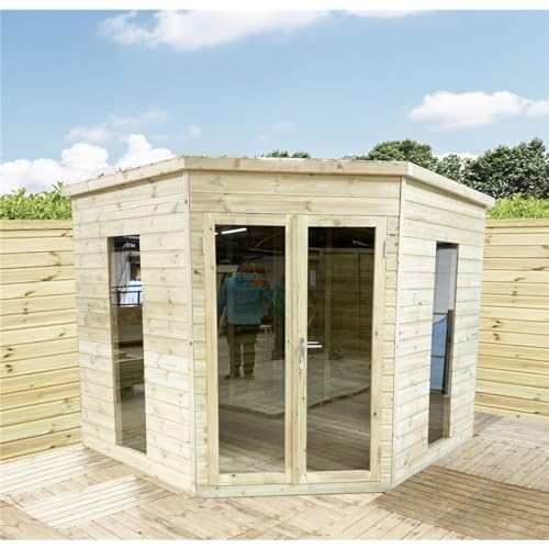 7 x 7 Corner Pressure Treated Tongue & Groove Pent Summerhouse + Safety Toughened Glass + Euro Lock with Key (7' x 7' / 7ft x 7ft)