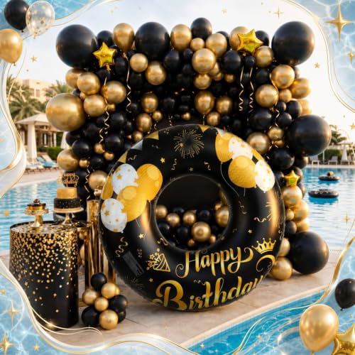 Motionchic Happy Birthday Pool Float Adult Inflatable Swim Ring, Black Gold by Motionchic - Used condition - Image 4