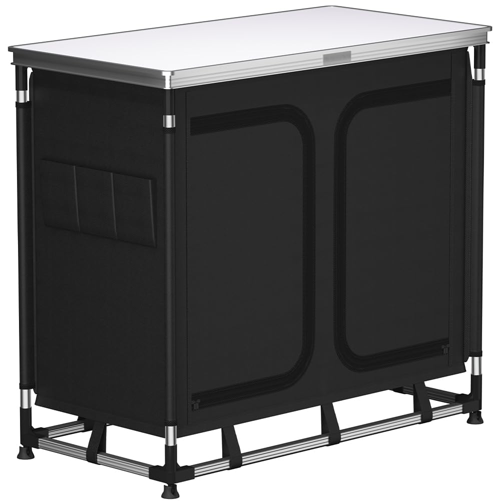 BAKAJI Cucina Armadio Mobiletto Tavolo Da Campeggio Picnic Compatta Portatile Pieghevole, Telaio Alluminio Cucinotto Paraspruzzi Borsa Trasporto Vano Portaoggetti In Tessuto (Compatto Doppio)