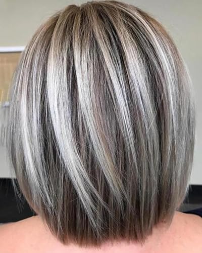 RENERSHOW Medium Length Bob Wig with Bangs for White Women Layered Blonde Balayage Bob Straight Hair Wig Natural Synthetic Hair Replacement Wig Ombre Platinum with Brown Wig