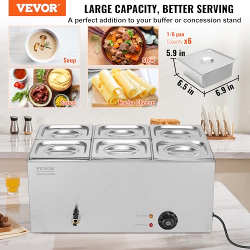 VEVOR kommerzieller Speisenwärmer 13,5 L Speisebehälter 6 x 1/6 Größe, elektrische Warmhalteplatte, 1200 W Profi Buffet-Wasserbad aus Edelstahl, Buffet-Bain-Marie, 30–85 °C Temperaturregelung – Bild 3