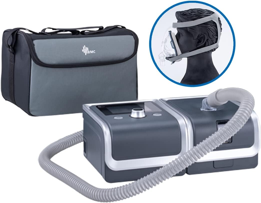 BMC CPAP Automatic Sleep Apnea Machine with humidifier, tubing, and travel bag, alongside a nasal mask on a mannequin head.