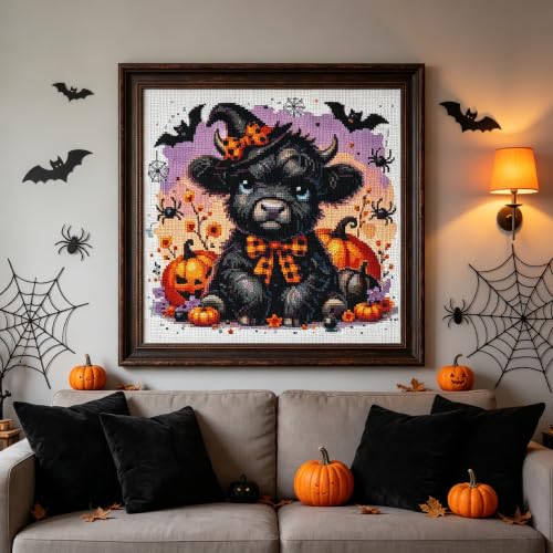 Image of Eterkosu Halloween Cow Stamped Cross Stitch Embroidery Kits Arts and Crafts | Pumpkins Needlepoint Counted Cross Stitch Kits for Beginner Adult Crossstitching Printed Dimensions Patterns Stitch
