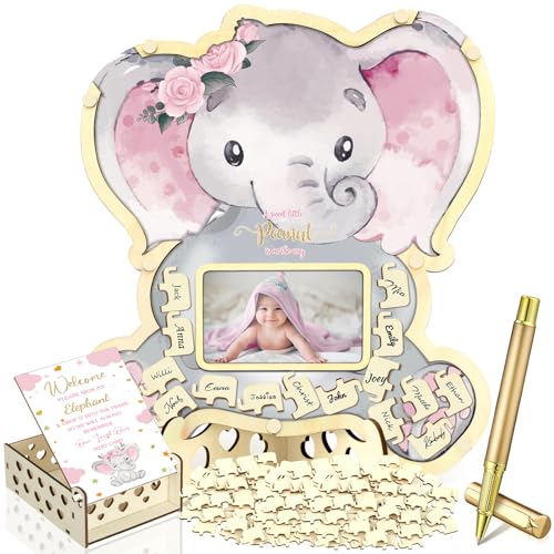 Image of Wenqik 63 Pcs Pink Elephant Baby Shower Guest Book Alternatives Set Baby Shower Decorations with Photo Frame Sonogram Frame Keepsake 60 Wood Slices Guest Book for Birthday