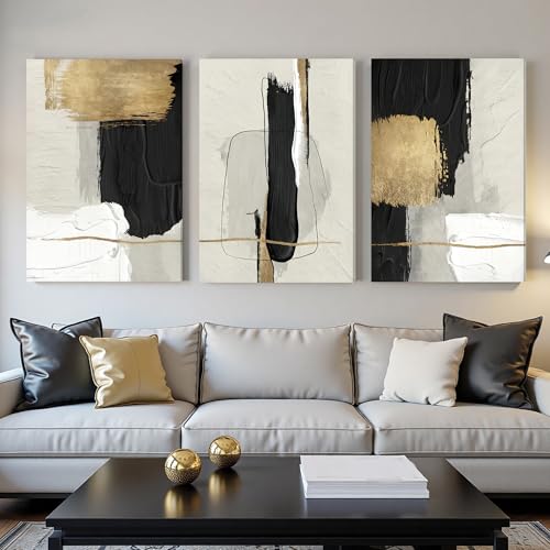 Image of DUWQU Abstract Brushstrokes Canvas Wall Art Black White Gold 24x36 inch x3 | Wooden frame, UV-resistant ink, Giclee printing process, Pre-installed hooks make it easy to hang home or office wall decor