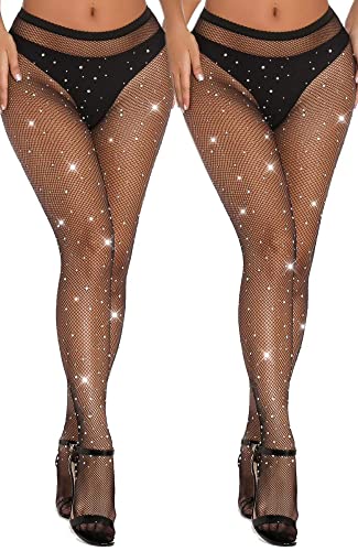 VEBZIN 2 Pack Sparkly Black Fishnet Tights For Women Sexy Christmas Costumes For Women Fishnets Stockings Rhinestone Womens Leggings