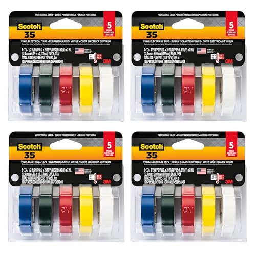 Image of Scotch Vinyl 35 Electrical Tape, 5 Rolls, Multi-Color Pack, Ideal for Cable Jacket Repair & Electrical Insulation, Premium Vinyl Material, Indoor & Outdoor Use, High Adhesion (10457DC), 4-Pack