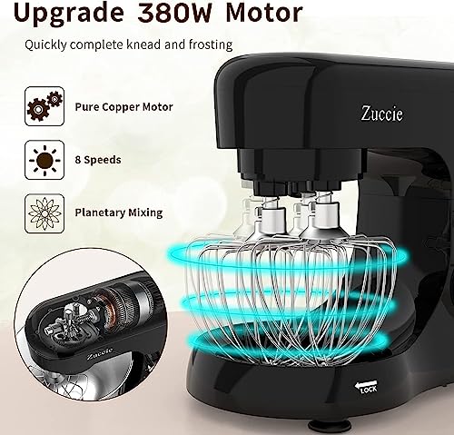 Stand Mixer, Zuccie 4.8Qt Kitchen Electric Stand Mixer, 380W Motor Power Food Mixer, 8+P-Speed Dough Mixer With Dough Hook, Wire Whip & Beater, Black #TOP2
