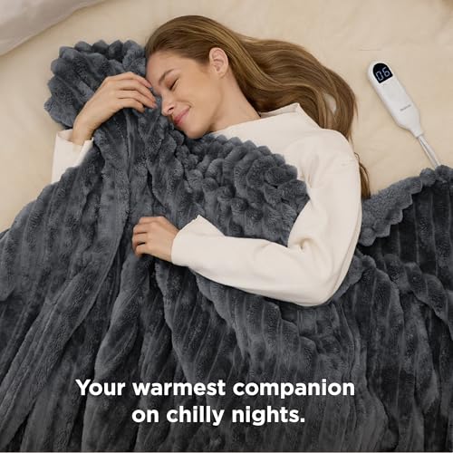 Image of Bedsure Electric Blanket Twin - Thick Striped Flannel Electric Blanket, Heating with 10 Time Settings, 6 Heat Settings, and 8-Hour Timer Auto Shut Off, Gift for Grandma (62x84 inches, Grey)