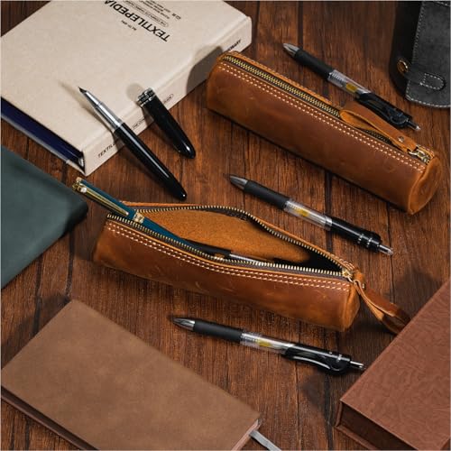 Image of ECHSRT Genuine Leather Pencil Pouch, Classic Cylinder Pen Bag - Brown | Full-Grain Cowhide Leather, Crazy Horse Finish, Single Zipper, Vintage Pen Organizer for Adults