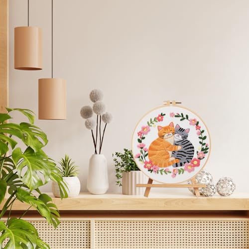 Image of Nuberlic Cat Embroidery Kit for Beginners, DIY Cross Stitch Starter Kit Including Cloth with Pattern, Embroidery Hoop, Needles Instructions and Threads for Adults