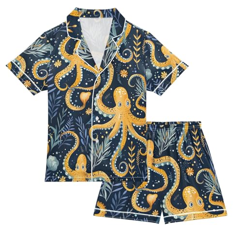 ALAZA Leaf Pajamas Satin Pajama Set Short Sleeve Button Down Sleepwear