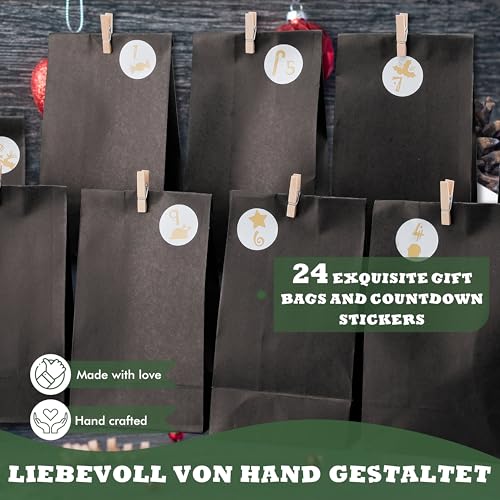 Adventskalender zum Befüllen - Adventskalender 2025 - mit 24 schwarzen Geschenktüten und 24 Zahlenaufklebern und Klammern - zum Basteln und Verschenken - Weihnachten