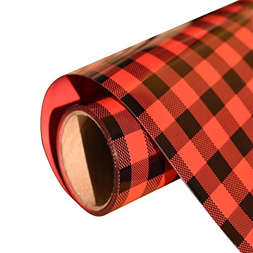 PABUES Christmas Buffalo Plaid Heat Transfer Vinyl Red Black Check 10inches x 5feet Adhesive HTV Iron on Vinyl for DIY T-Shirt