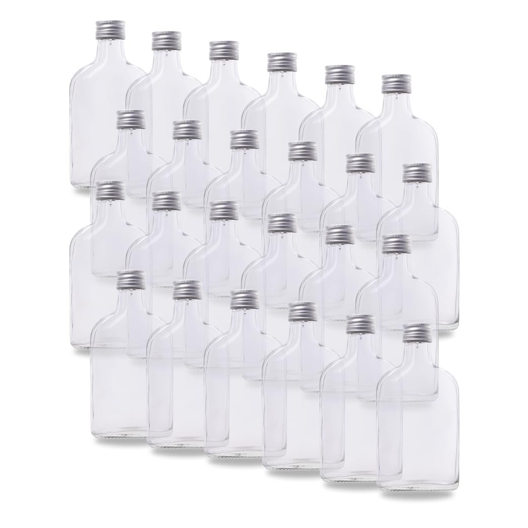 Flachmann Set: 24 kleine Glasflaschen 200ml – Der Klassische Flachmann Glas als Glasflasche Schraubverschluss (28 mm, Silber), ideal als Schnapsflaschen 200ml und Likörflaschen 200ml (24)