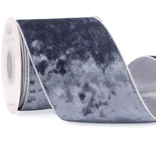 Image of Ribbli Dusty Blue Velvet Wired Ribbon 4 Inch Metallic Crushed Velvet Christmas Ribbon for Gift Wrapping Christmas Tree Decoration Crafts Wreaths Supplies-Continuous 10 Yards