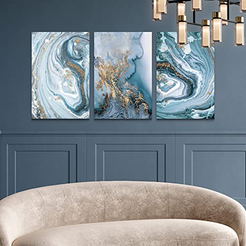 Modern Canvas Print Wall Art Set Art Painting Blue Abstract Watercolor Contemporary Wall Art Silver Gold Art Wall Decor For Living Room Bedroom Bathroom Kitchen Office Dining Room 12"X16"X3 Panels #TOP6
