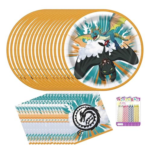 How To Train Your Dragon Party Supplies Pack for 16 Guests – Includes 9 Plates, Luncheon Napkins, and Birthday Candles – Dragon Party Decorations for Boys and Girls