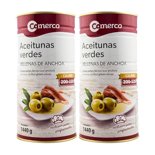 Pack 2× Aceitunas Rellenas de Anchoa Comerco – Lata 1,5 kg (3 kg Total) | Aceituna Española de Alta Calidad | Sabor Intenso y Salado | Ideal para Aperitivos y Hostelería