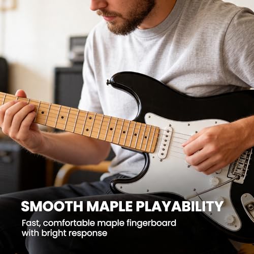 Image of Fender Squier Sonic Stratocaster Left-Handed - Black Bundle with Mustang Micro Headphone Amp, Cable, Tuner, Strap, Picks, and Austin Bazaar Instructional DVD