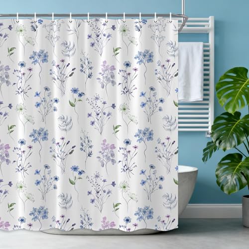 Floral Shower Curtain, Blue Purple Watercolor Flower Eucalyptus Botanical Shower