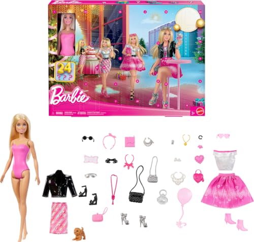 Barbie Doll Holiday Advent Calendar with 24 Clothing and Accessory Surprises Including Jacket Skirt Shoes Purses and a Pet Puppy Blonde Doll