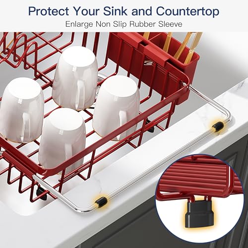 Image of JASIWAY Red Dish Drying Rack Over the Sink with Utensil Holder