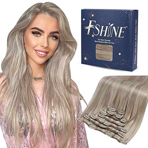 Fshine Hair Extensions Clip in Real Hair 20 Inch Ash Blonde with Bleach Blonde #18/613 Clip in Extensions Double Weft Human Hair Extensions Clip on Thick End Clip in Hair Extension 120g