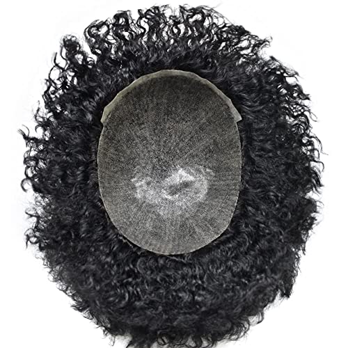 Lyrical Hair Curly Afro Wig Full Poly Skin Brazilian Human Hair Replacement System For American African Black Men Injection Pu Wave Hairpieces (#1B Off Black, 8Mm-Wave) #TOP5